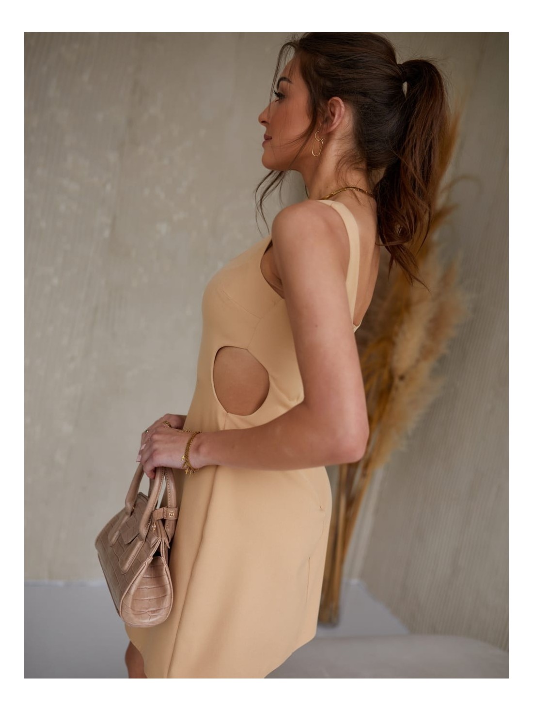 Elegant dress on straps with cutouts, beige 110547 - Online store - Boutique